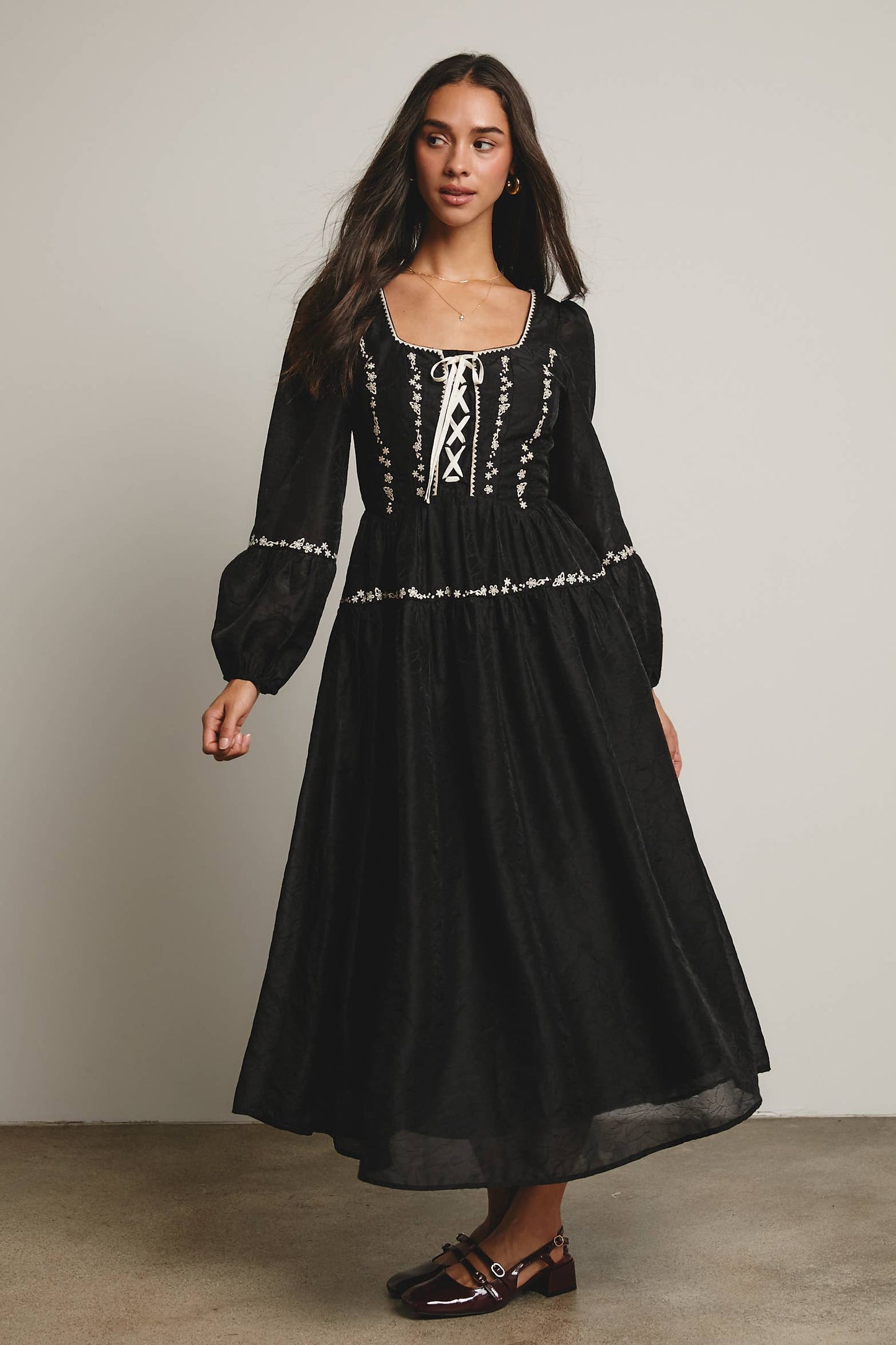 Floral Jacquard Corset Midi Dress - Black