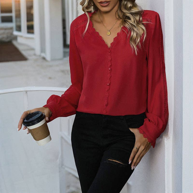 V Neck Long Sleeve Blouse- Red