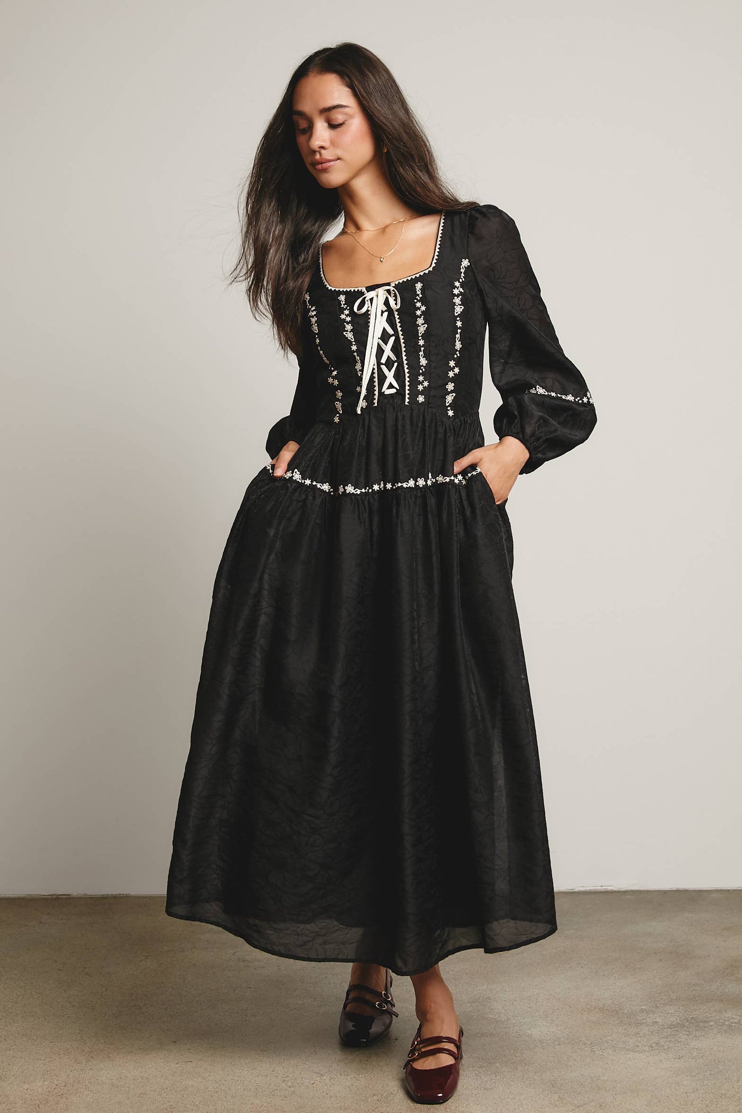 Floral Jacquard Corset Midi Dress - Black