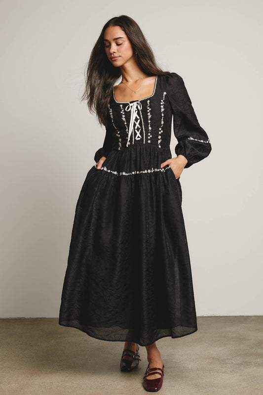 Floral Jacquard Corset Midi Dress - Black