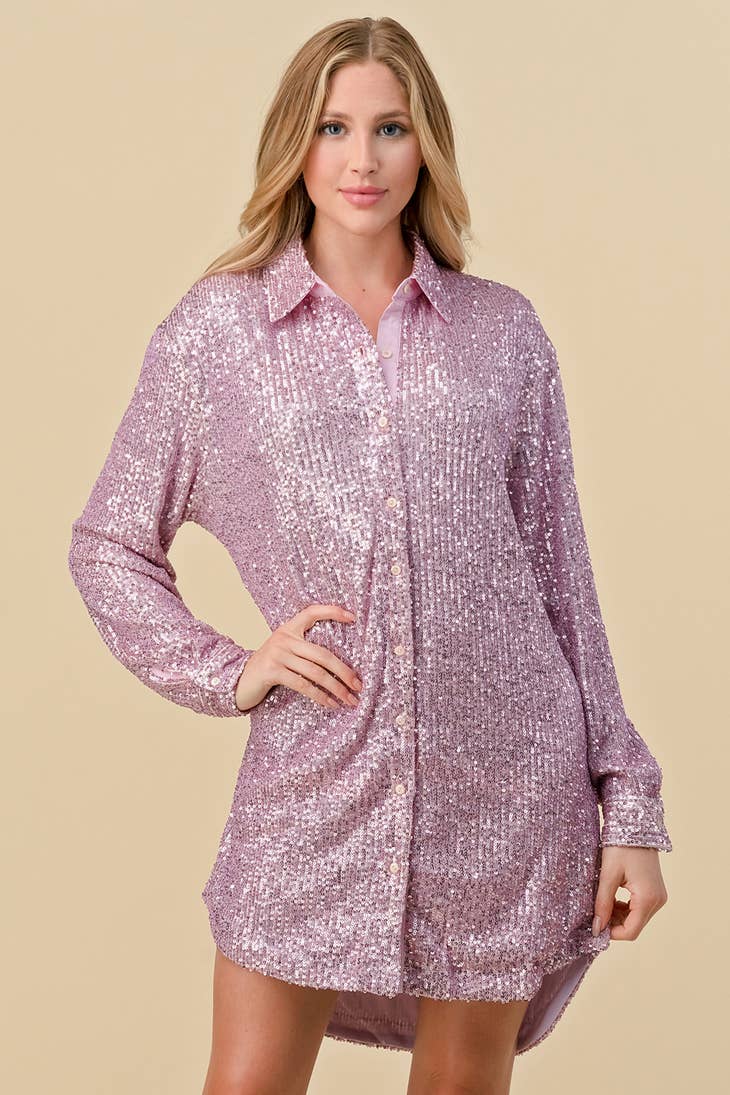 Sequins Button down midi shirt dress sweet pink