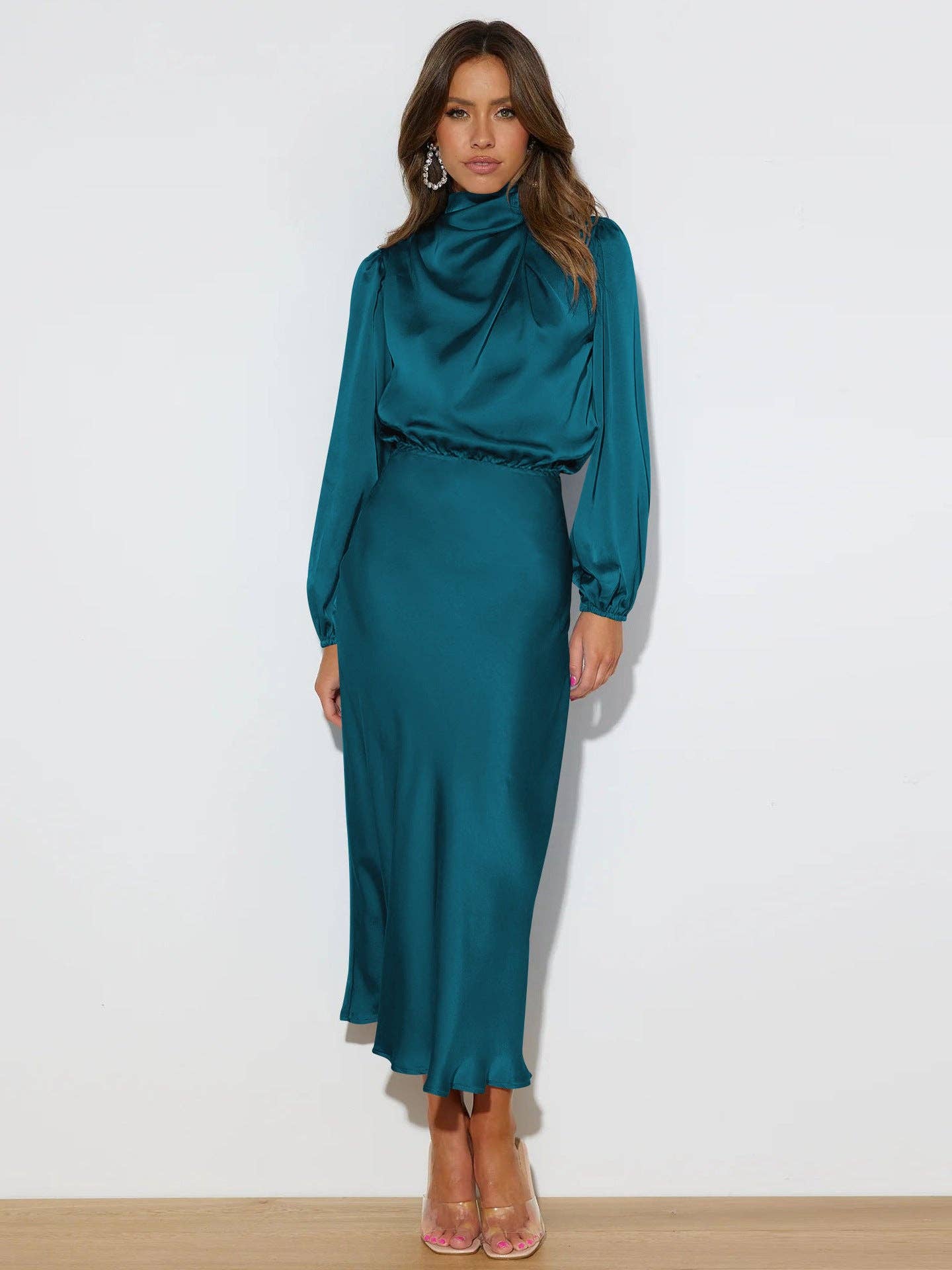 Veronica Satin Midi Dress - Lake Blue