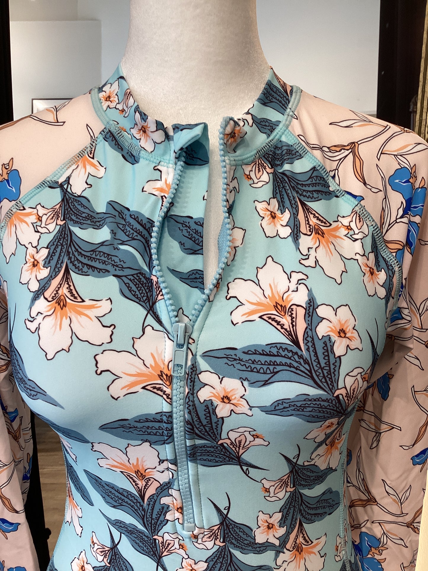 Blue & Pink Floral Long Sleeve Swimsuit
